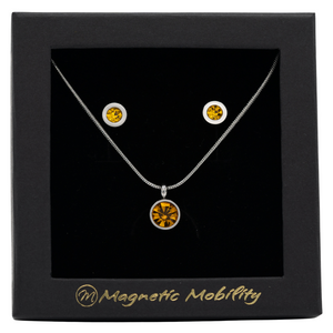 
                  
                    Load image into Gallery viewer, November Magnetic Mobility Birthstone Gift Set featuring a Magnetic Necklace and Stud Earrings featuring Citrine Swarovski crystals, elegantly presented in a black box with Magnetic Mobility branding. These magnetic back earrings offer stylish pain relief.
                  
                