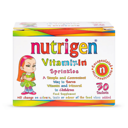 Box of Nutrigen Vitamixin Sprinkles with colorful design and cartoon character on a white background