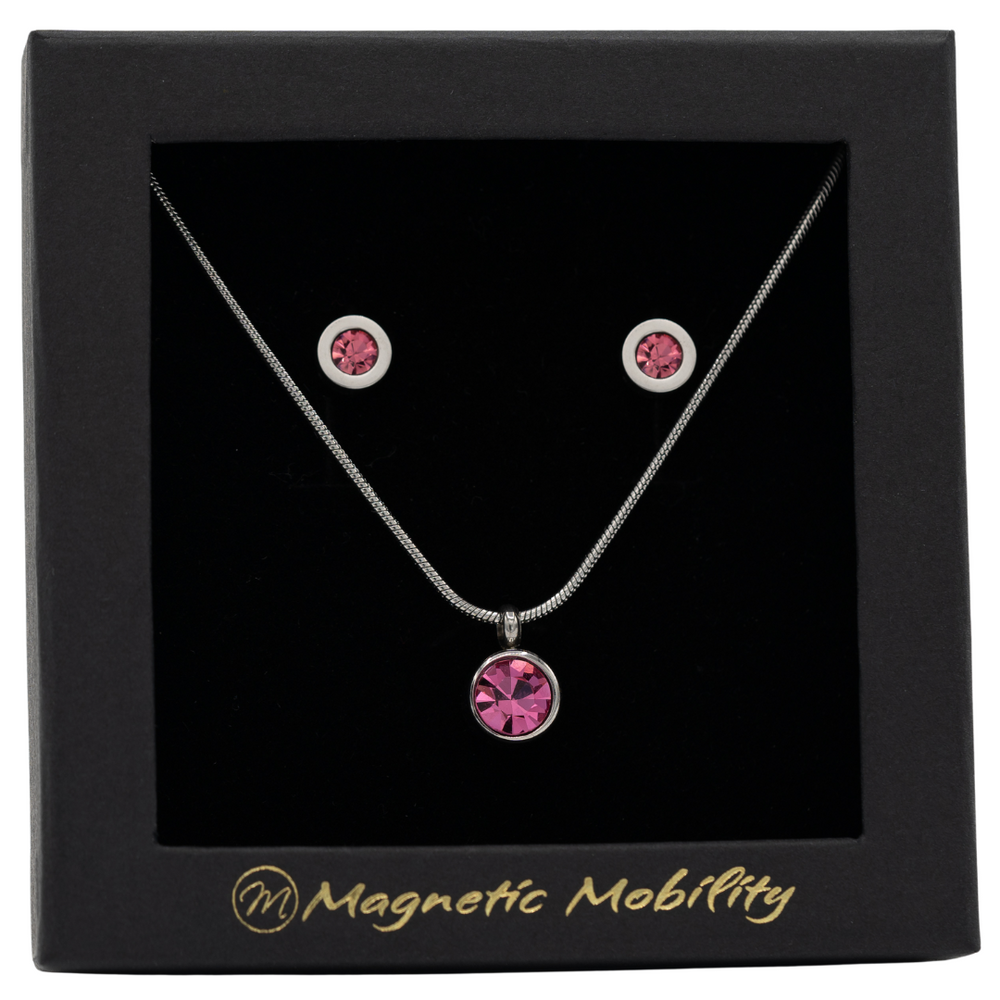 
                  
                    Load image into Gallery viewer, October Magnetic Mobility Birthstone Gift Set featuring a Magnetic Necklace and Stud Earrings featuring pink tourmailne Swarovski crystals, elegantly presented in a black box with Magnetic Mobility branding. These magnetic back earrings offer stylish pain relief.
                  
                