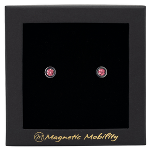 
                  
                    Load image into Gallery viewer, Magnetic Mobility October Birthstone Stud Earrings featuring pink tourmailne Swarovski crystals, elegantly presented in a black box with Magnetic Mobility branding. These magnetic back earrings offer stylish pain relief.
                  
                