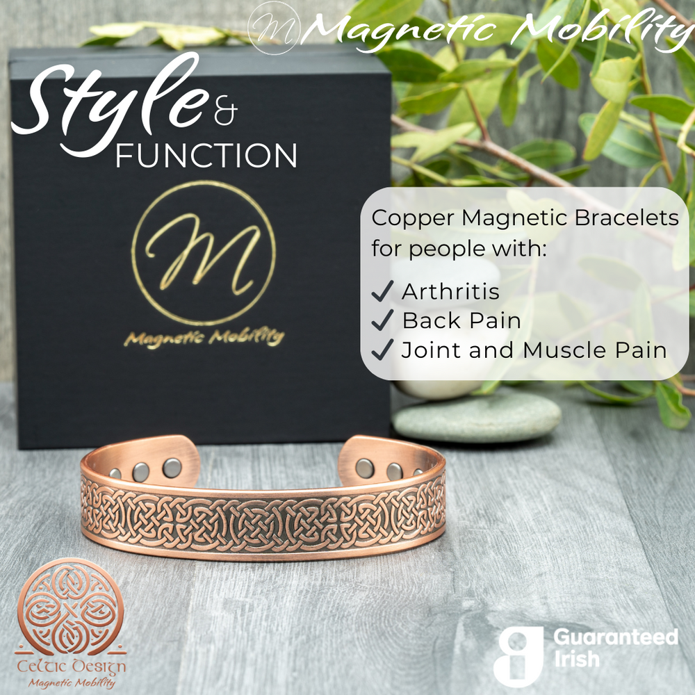 
                  
                    Load image into Gallery viewer, Stylish copper magnetic bracelet from Magnetic Mobility, featuring intricate geometric design and guaranteed Irish quality. The copper bracelet is presented in a Black Gift Box with the Magnetic Mobility Logo on the front. Text states &amp;quot; Copper Magnetic Bracelets for people with Arthritis, Back pain, Joint and Muscle Pain. Part of the Celtic Collection from Magnetic Mobility. Guaranteed Irish. 
                  
                