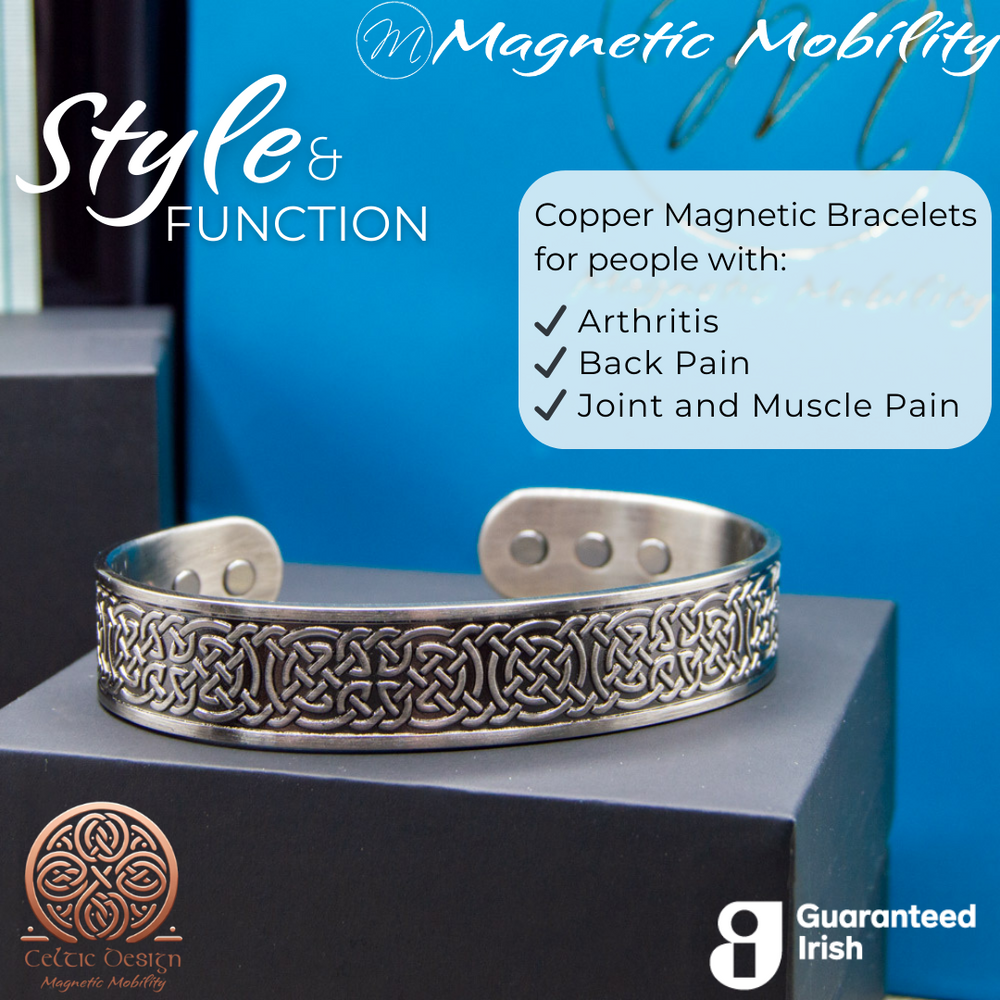 
                  
                    Load image into Gallery viewer, Stylish copper magnetic bracelet from Magnetic Mobility, featuring intricate Irish designs and guaranteed Irish quality. The copper bracelet is presented on a Black Gift Box with the Magnetic Mobility Logo on the front. Text states &amp;quot; Copper Magnetic Bracelets for people with Arthritis, Back pain, Joint and Muscle Pain. Part of the Celtic Collection from Magnetic Mobility. Guaranteed Irish. 
                  
                