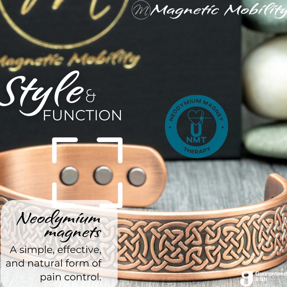 
                  
                    Load image into Gallery viewer, Close up view of the Irish design on this Privet Copper Magnetic Bracelet from Magnetic Mobility. 3 Magnets are also visible on the back of the bracelet. part of the Celtic Collection from Magnetic Mobility. 
                  
                