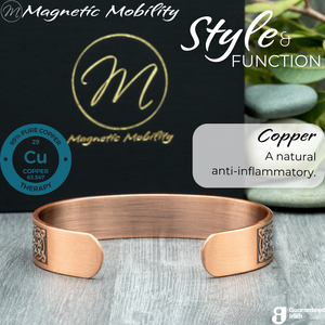 
                  
                    Load image into Gallery viewer, Back view of the Privet Copper bracelet from Magnetic Mobility. The view shows the open back of the bangle which gives easy adjustability for this copper bracelet. 
                  
                