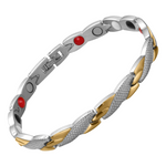 Snapdragon Moon 4in1 Magnetic Bracelet from Magnetic Mobility in a gold and silver finish. Features an elegant, textured design and includes Neodymium Magnets, FIR elements, Germanium, and Negative Ions for therapeutic benefits. Suitable for relieving arthritis, back pain, fibromyalgia, joint and muscle pain, menopause symptoms, migraines, post-surgery recovery, runner's knee, sprains, and strains.