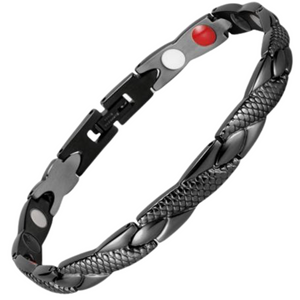 
                  
                    Load image into Gallery viewer, Snapdragon Night 4in1 magnetic bracelet by Magnetic Mobility, promoting arthritis, back pain, fibromyalgia relief with a black snakeskin type design. The bracelet features 4in1 health elements.  
                  
                