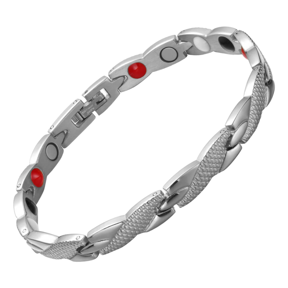 Snapdragon Star 4in1 magnetic bracelet by Magnetic Mobility, promoting arthritis, back pain, fibromyalgia relief with a silver snakeskin type design. The bracelet features 4in1 health elements.  