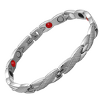 Snapdragon Star 4in1 magnetic bracelet by Magnetic Mobility, promoting arthritis, back pain, fibromyalgia relief with a silver snakeskin type design. The bracelet features 4in1 health elements.  