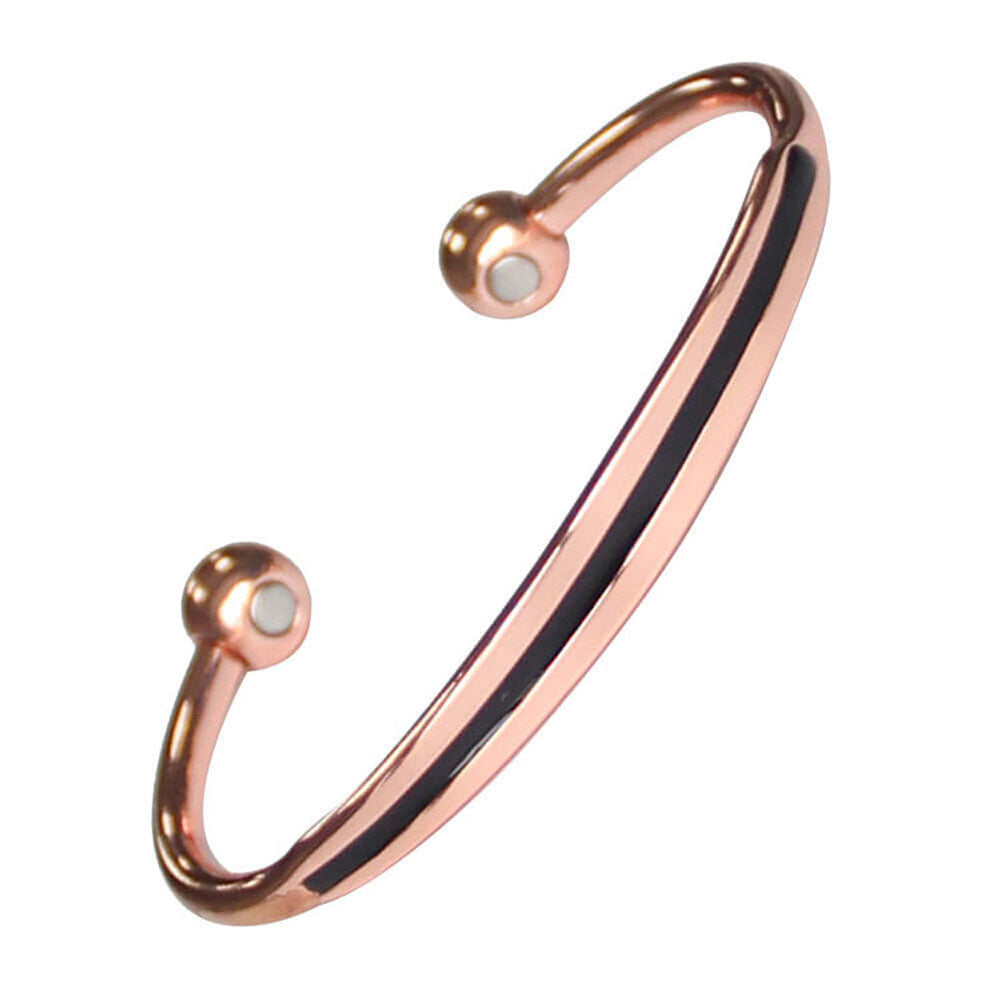 Spindle Night Copper bracelet from Magnetic Mobility. A copper bracelet with a simple design and a black band in the centre. Featuring 2 strong neodymium magnets. Perfect for people with arthritis and back pain. 99% pure copper. 