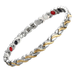 
                  
                    Load image into Gallery viewer, Magnetic Mobility 4in1 Magnetic Bracelet with a silver and gold intertwined design. Features embedded Neodymium Magnets, FIR elements, Germanium, and Negative Ions for therapeutic benefits. Helps with arthritis, back pain, fibromyalgia, joint and muscle pain, menopause symptoms, migraines, post-surgery recovery, runner&amp;#39;s knee, sprains, and strains.
                  
                