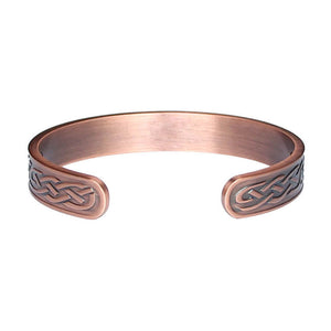 
                  
                    Load image into Gallery viewer, Back View of the Trefoil Copper bracelet from Magnetic Mobility showing the open back which makes it easily adjustable
                  
                