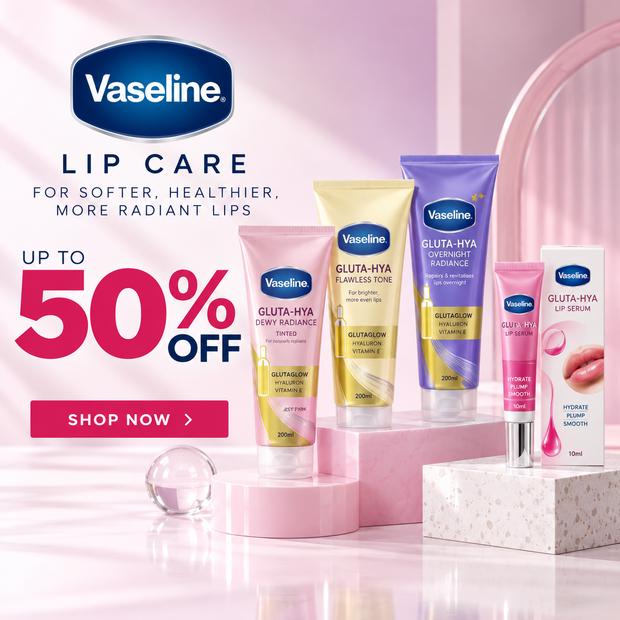 Vaseline lip care product lineup on a pink studio set, including Gluta-Hya Dewy Radiance Lip Balm, Gluta-Hya Blazing Tone Lip Tint, Gluta-Hya Translucent Radiance Lip Tint, Gluta-Hya Lip Serum, and a boxed lip product. Large sale text reads 'UP TO 50% OFF' with a 'SHOP NOW' button.